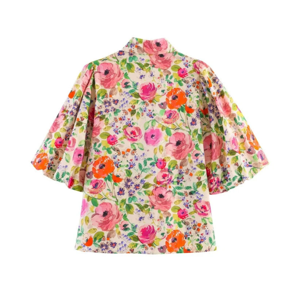 ZARA Feng Casual Versatile Bow Detail Floral Print Blouse